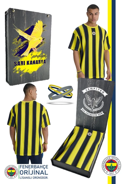 Fenerbahçe Orijinal Lisanslı Sarı Lacivert Çubuklu Erkek T-Shirt + Bileklik Set Hediyeli Ahşap Kutu ürün görseli 1