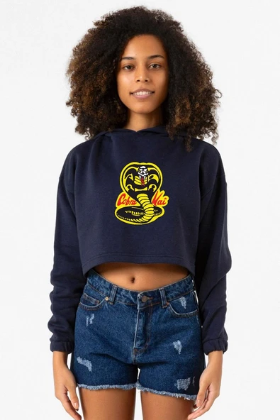 Cobra Kai Logo Lacivert Kadın Crop Kapşonlu ürün görseli 1