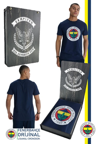 Fenerbahçe Orijinal Lisanslı Kabartma Logo Lacivert Tribün T-Shirt Hediyelik Ahşap Kutulu ürün görseli 1