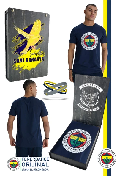 Fenerbahçe Orijinal Kabartma Logo Lacivert Tribün T-Shirt + Bileklik Set Hediyelik Ahşap Kutulu ürün görseli 1
