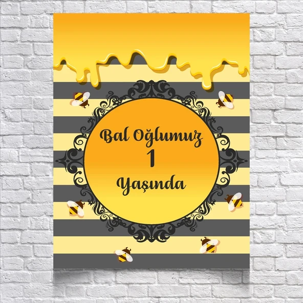 Bal Temalı Doğum Günü Afişi Resimli 50x70 Cm ürün görseli 1