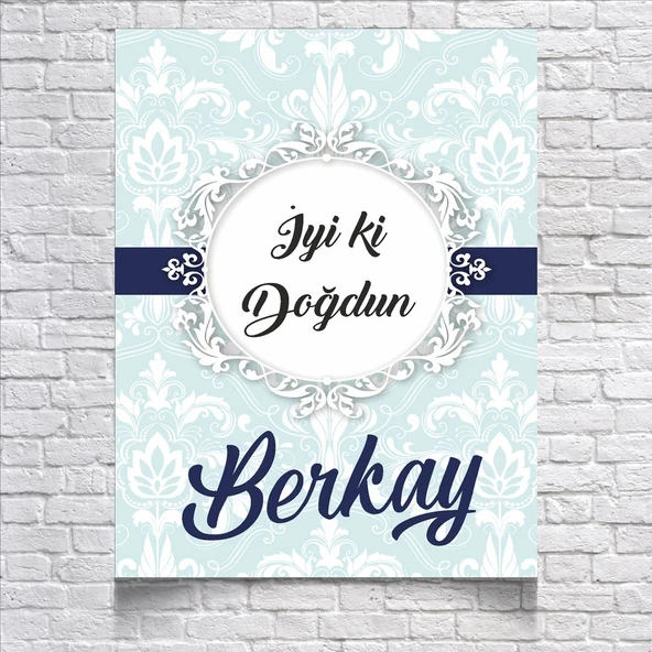 Mavi Damask Desenli Doğum Günü Afişi 100x150 Cm ürün görseli 1
