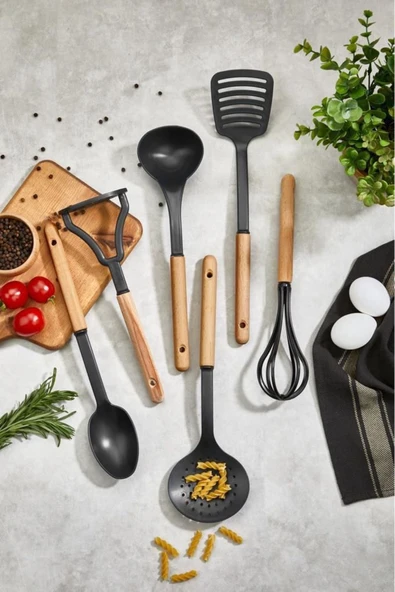 Mithra Life 6 Adet Ahşap Saplı Plastik Teflon Siyah Servis Seti MIT1141 ürün görseli 1