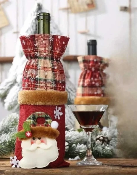 Noel Temalı Ekose Keten Şampanya - Şarap Şişesi Kılıfı ürün görseli 1