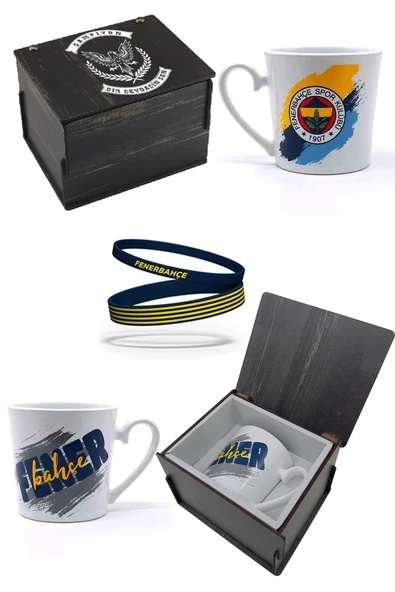 Fenerbahçe Orijinal Kupa Mug Bileklik Set Özel Ahşap Kutulu ürün görseli 1