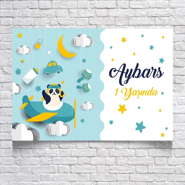 Uçakta Uçan Panda Temalı Doğum Günü Afişi 35X50 cm ürün görseli 1