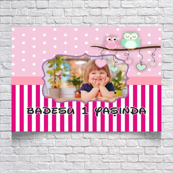 Pembe Çizgili Baykuşlu Doğum Günü Afişi 35X50 cm ürün görseli 1