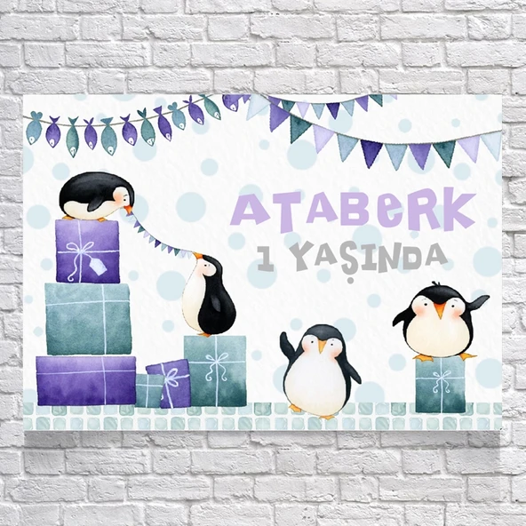 Penguen Temalı Doğum Günü Afişi 35X50 cm ürün görseli 1