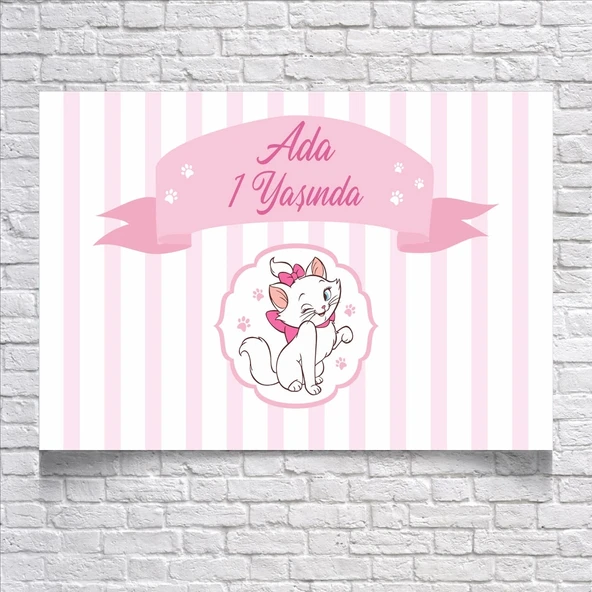 Pembe Çizgili Kedili Doğum Günü Afişi 35X50 cm ürün görseli 1