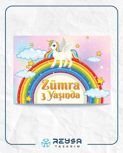 Unicorn ve Gökkuşağı Temalı Doğum Günü Afişi 35X50 cm ürün görseli 1