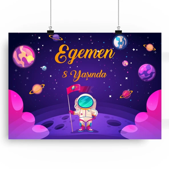 Uzay ve Astranot Temalı Doğum Günü Afişi 35X50 cm ürün görseli 1