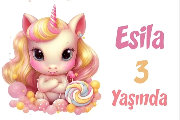 Pembe Unicorn Temalı Doğum Günü Afişi -4 35X50 cm ürün görseli 1