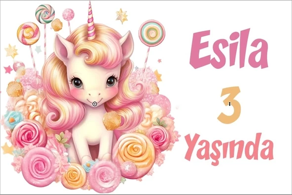 Pembe Unicorn Temalı Doğum Günü Afişi -5 35X50 cm ürün görseli 1