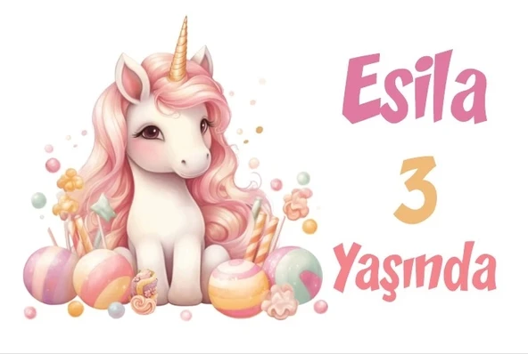Pembe Unicorn Temalı Doğum Günü Afişi -8 35X50 cm ürün görseli 1