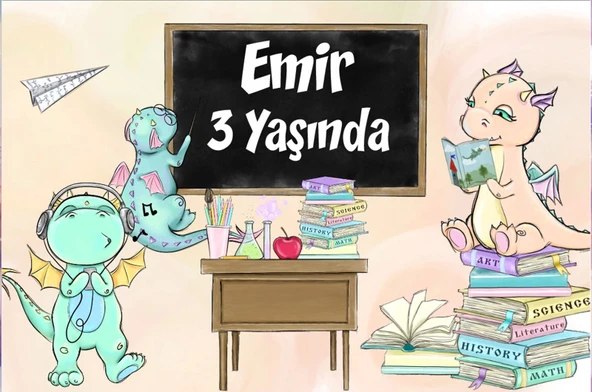 Dinozorlar ve Okul Temalı Doğum Günü Afişi 35X50 cm ürün görseli 1