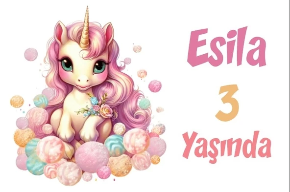 Pembe Unicorn Temalı Doğum Günü Afişi -7 35X50 cm ürün görseli 1
