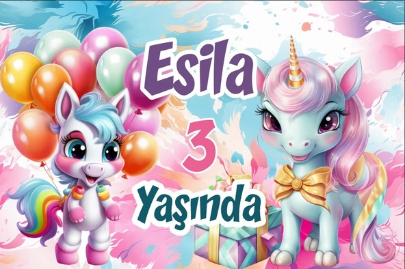 Hediyeler ve Unicornlar Temalı Doğum Günü Afişi 35X50 cm ürün görseli 1