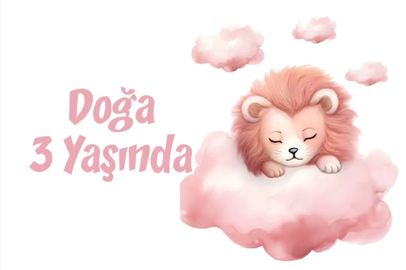 Pembe Sevimli Aslan Doğum Günü Afişi 35X50 cm ürün görseli 1