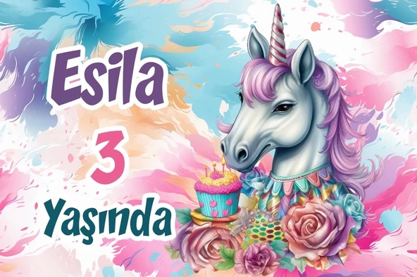 Pasta ve Unicorn Temalı Doğum Günü Afişi -3 35X50 cm ürün görseli 1