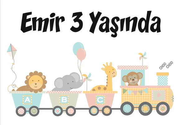 Tren ve Hayvanlar Temalı Doğum Günü Afişi 35X50 cm ürün görseli 1