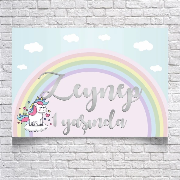 Unicorn ve Gökkuşağı Temalı Doğum Günü Afişi 50X70 cm ürün görseli 1