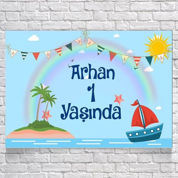 Gemi Deniz ve Gökkuşağı Temalı Doğum Günü Afişi 50X70 cm ürün görseli 1
