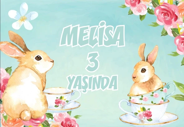 Çiçek ve Tavşan Temalı Doğum Günü Afişi 50X70 cm ürün görseli 1