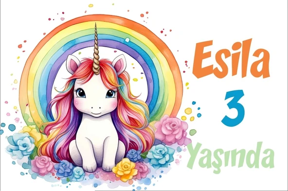 Unicorn ve Gökkuşağı Temalı Doğum Günü Afişi -1 50X70 cm ürün görseli 1