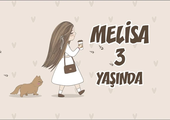 Kahve İçen Kız Kedi Temalı Doğum Günü Afişi 50X70 cm ürün görseli 1