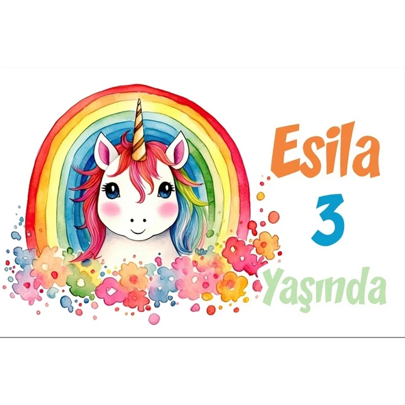 Unicorn ve GökkuşağıTemalı Doğum Günü Afişi -2 50X70 cm ürün görseli 1