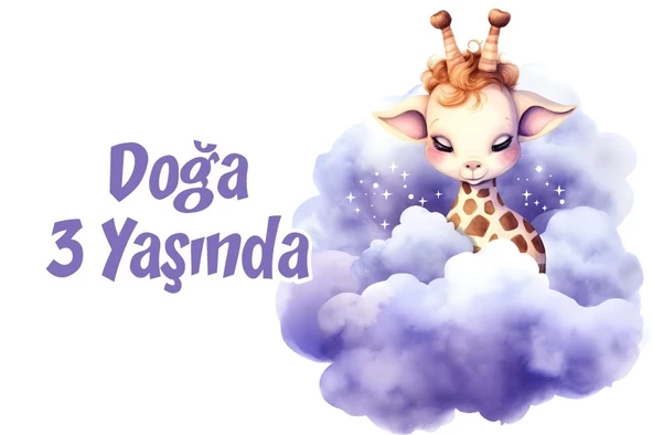 Mor Sevimli Zürafa Doğum Günü Afişi 50X70 cm ürün görseli 1