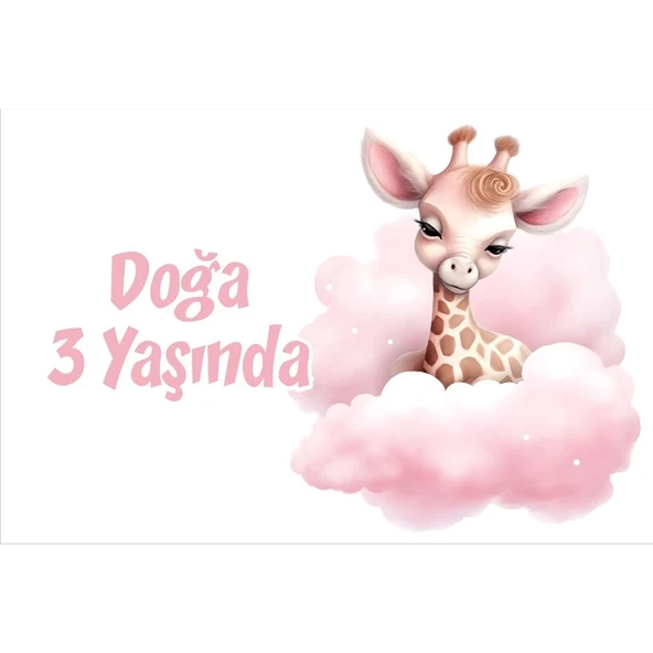 Pembe Sevimli Zürafa Doğum Günü Afişi 50X70 cm ürün görseli 1