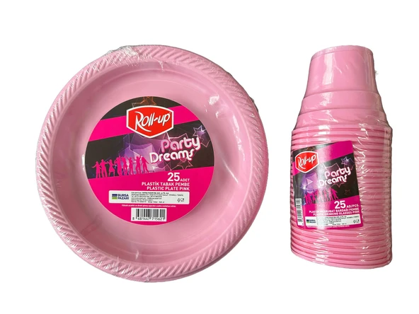 Ofis Catering Piknik Davet Doğum Günü Omeyva Sofra Seti - 25 Kişilik Pembe Tabak Bardak Takımı ürün görseli 1