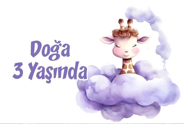 Mor Sevimli Zürafa Doğum Günü Afişi -2 50X70 cm ürün görseli 1
