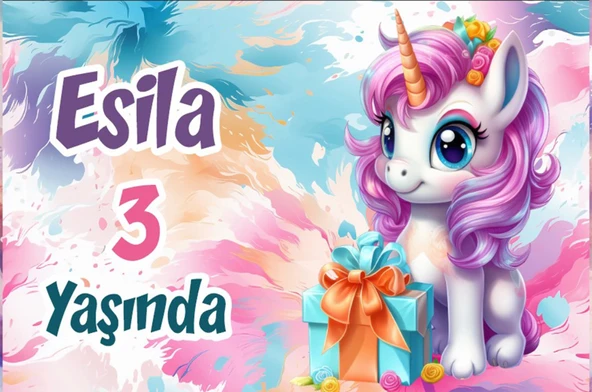 Hediye ve Unicorn Temalı Doğum Günü Afişi 50X70 cm ürün görseli 1