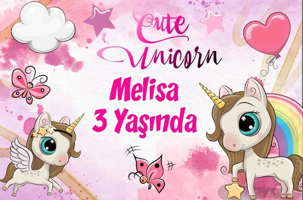 Sevimli Unicornlar Temalı Doğum Günü Afişi 50X70 cm ürün görseli 1