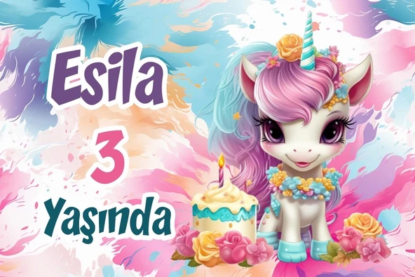 Pasta ve uNicorn Temalı Doğum Günü AFİŞİ -2 50X70 cm ürün görseli 1
