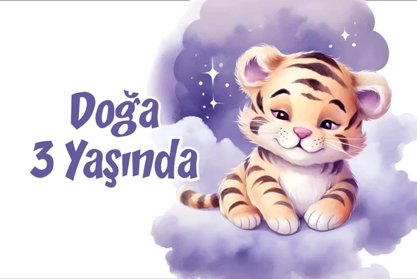 Mor Sevimli Kaplan Doğum Günü Afişi 50X70 cm ürün görseli 1