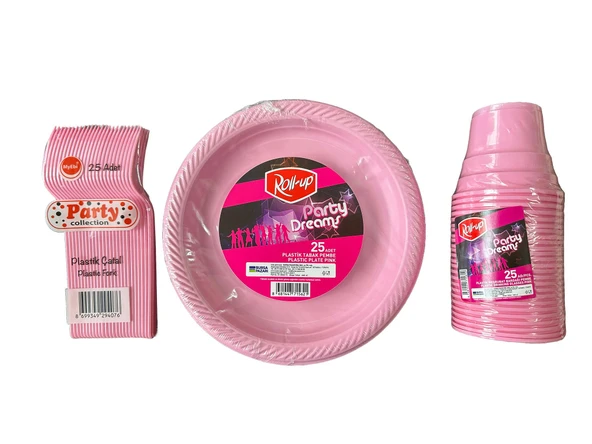 Piknik Davet Doğum Günü Omeyva Sofra Seti - 25 Kişilik Pembe Tabak Bardak Çatal Takımı ürün görseli 1