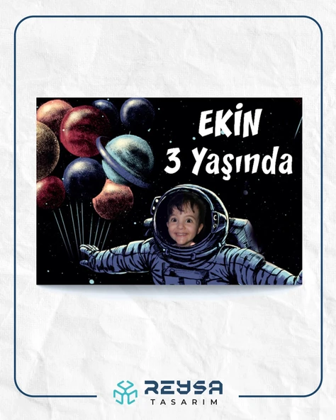 Astronot ve Gezegenler Temalı Doğum Günü Afişi 50X70 cm ürün görseli 1
