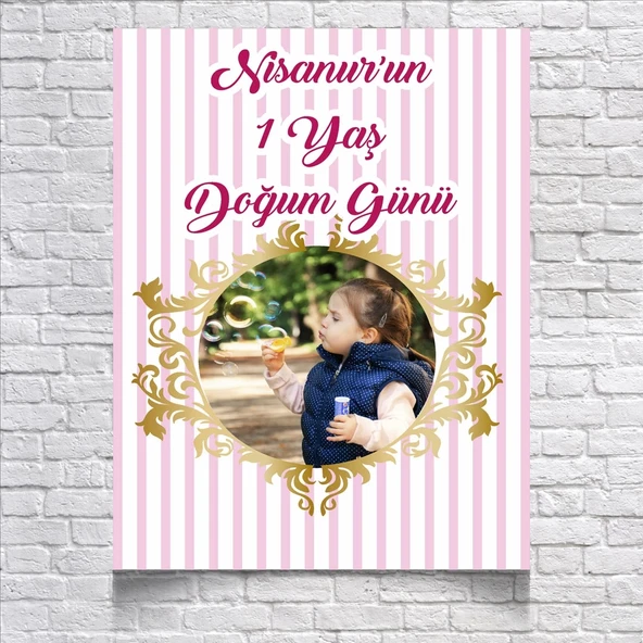 Pembe Çizgili Doğum Günü Afişi 70X100 cm ürün görseli 1