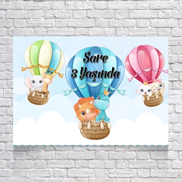 Gökyüzünde Balonda Uçan Sevimli Hayvanlar Teamlı Doğum Günü Afişi 70X100 cm ürün görseli 1