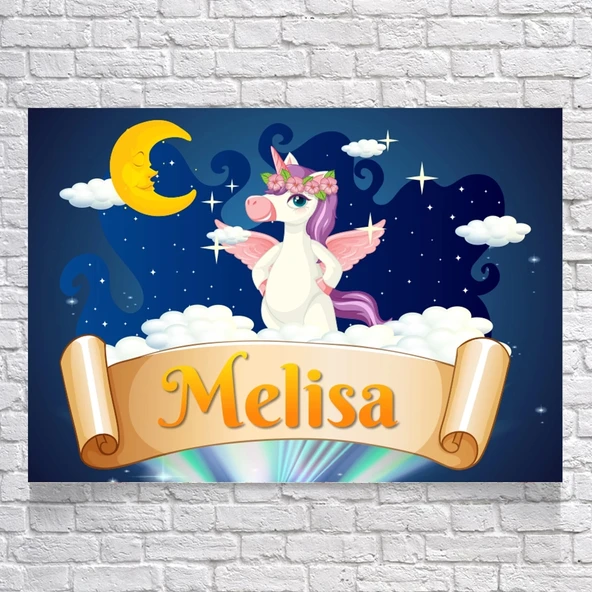 Unicorn ve Ay Temalı Doğum Günü Afişi 70X100 cm ürün görseli 1
