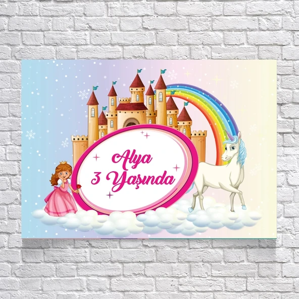 Prenses ve Unicorn Temalı Doğum Günü Afişi 70X100 cm ürün görseli 1