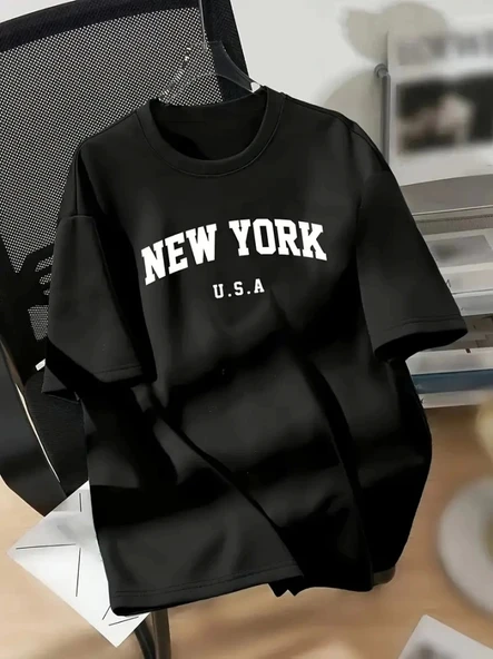 New York Baskılı Oversize Bisiklet Yaka T-shirt - Siyah ürün görseli 1