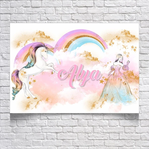 Prenses ve Unicorn Temalı Doğum Günü Afişi 70X100 cm ürün görseli 1