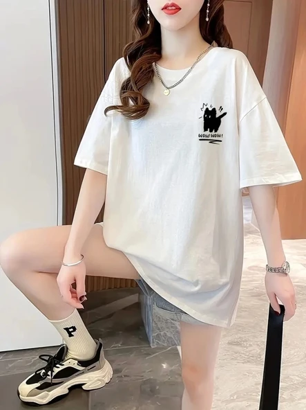 Baskılı Oversize Bisiklet Yaka T-shirt - Beyaz ürün görseli 1