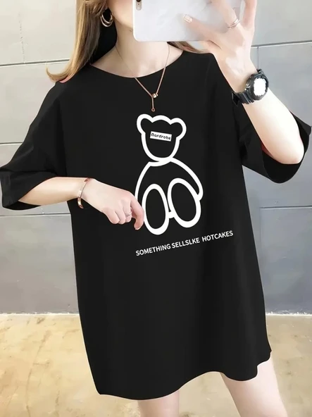 Baskılı Oversize Bisiklet Yaka T-shirt - Siyah ürün görseli 1