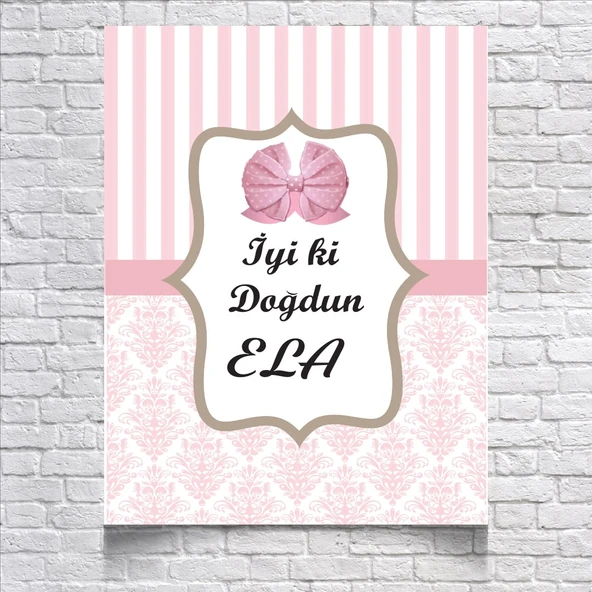 Pembe Çizğili Damask Desenli Doğum Günü Afişi 70X100 cm ürün görseli 1