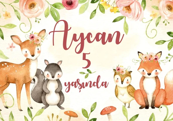 Sevimli Hayvanlar ve Çicekler Temalı Doğum Günü Afişi 70X100 cm ürün görseli 1